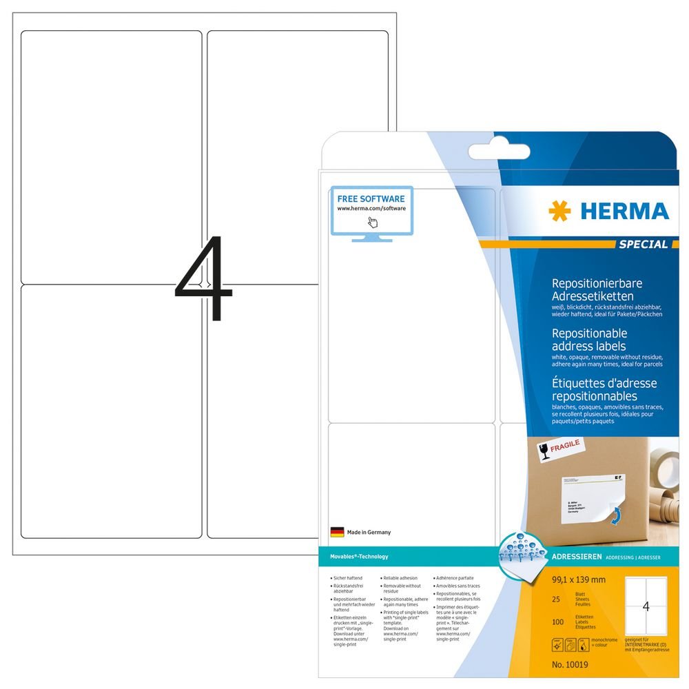 Herma 10313 Étiquettes movables/amovibles 99,1 x 139 A4 400 pièces Blanc 